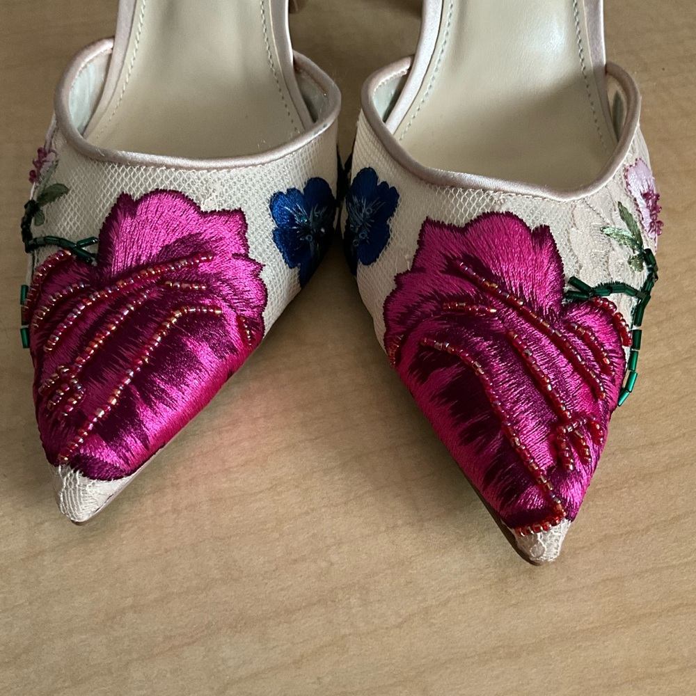 Embroidered Floral Slingback Heels in Pink & Blue - Picture 2 of 7